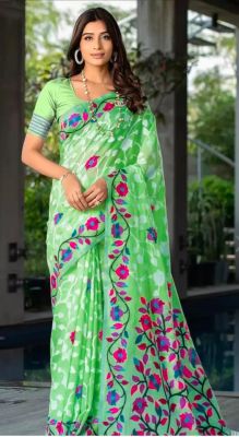 Aqua Green Pure Handloom Cotton Jamdani Saree From Banaras
