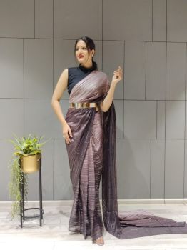 Light Pink Black Ready To Wear Stripes Chiffon Saree