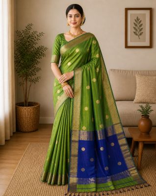 Green Blue Pure Handloom Maheshwari Silk Cotton Saree