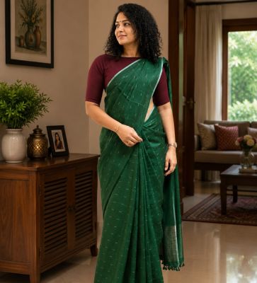 Forest Green Pure Handloom Linen By Linen Saree From Bengal
