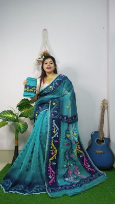 Aqua Blue Pure Handloom Dhakai Jamdani Saree From Bengal