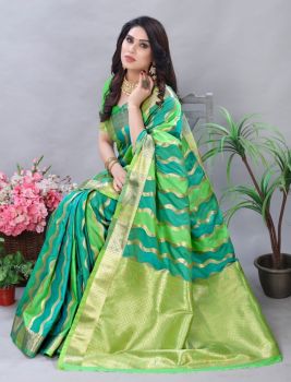 Persian And Lime Green Leheriya Silk Saree From Banaras