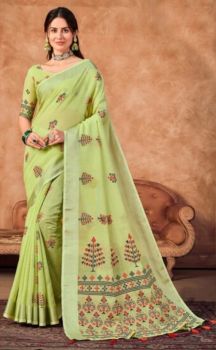 Greenish Pure Handloom Linen Saree From Banaras
