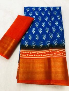 Blue Orange Butta Print Zari Work Soft Cotton Saree