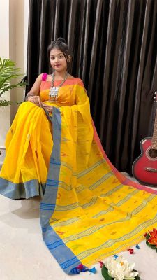 Yellow Pure Handloom Silk Cotton Saree From Bengal