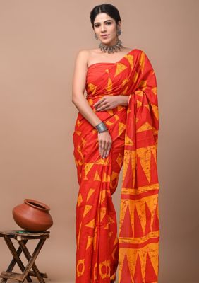 Brick Red Pure Handloom Mulmul Saree From Bengal
