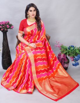 Pink And Orange Leheriya Silk Saree From Banaras