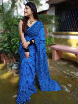 Blue Flower Print Cotton Handloom Saree