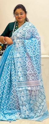 Sky Blue Pure Handloom Cotton Saree From Bengal