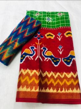 Green Red Butta Print Zari Work Soft Cotton Saree
