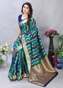 Green And Blue Leheriya Silk Saree From Banaras