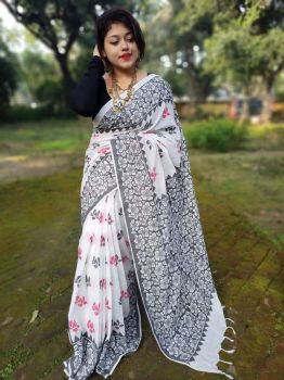 White & Black Flower Print Cotton Handloom Saree