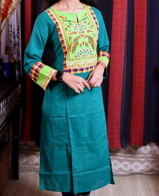 Dark Bottle Green Pure Handloom Long Kurti From Bengal