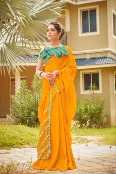 Yellow Plain Body Pompom Pallu Linen Saree