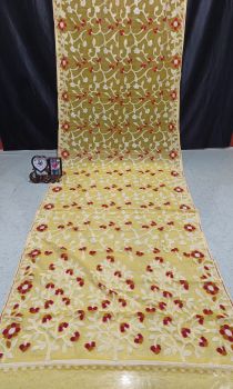 Light Yellow Pure Handloom Muslin Dhakai Jamdani Cotton Saree From Bengal