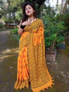 Yellow Flower Print Cotton Handloom Saree