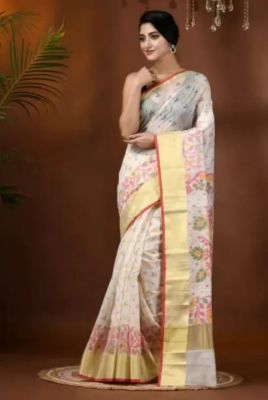 Off White Pure Handloom Silk Cotton Saree From Banaras