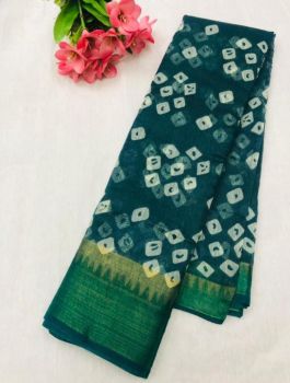 Dark Teal Blue Butta Print Zari Work Soft Cotton Saree