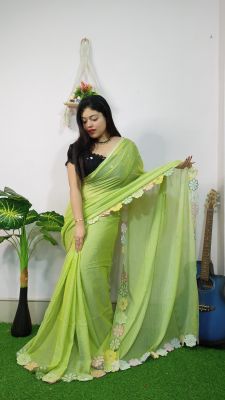 Parrot Green Pure Handloom Mul Cotton Saree From Bengal