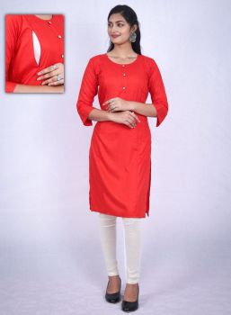 Coral Red Pure Handloom Cotton Zipper Kurti From Bengal