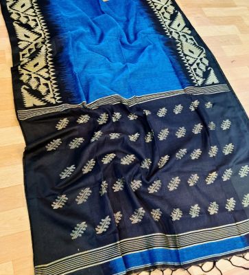 Blue Black Pure Handloom Linen By Linen Saree From Bengal