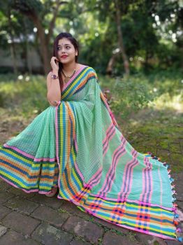 Light Green Check Multi Color Border Cotton Saree