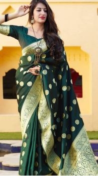 Dark Green Soft Banarasi Silk Kanjivaram Saree From Banaras