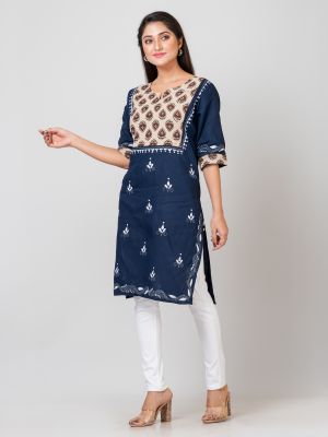 Dark Blue Pure Handloom Kantha Stitch Kurti From Bengal