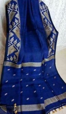 Navy Blue Pure Handloom Linen By Linen Saree From Bengal