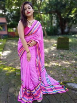 Baby Pink Check Multi Color Border Cotton Saree