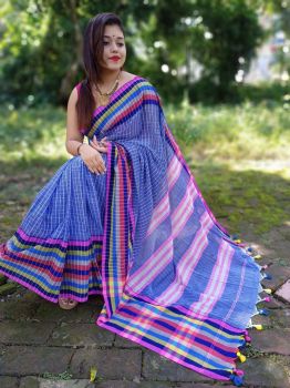 Blue Check Multi Color Border Cotton Saree