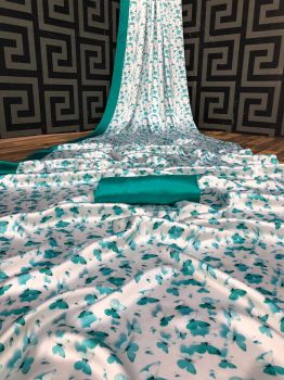 Teal Green Digital Printed Butterfly Design Heavy Satin Silk Saree