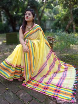 Yellow Check Multi Color Border Cotton Saree