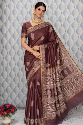 Chocolate Brown Organic Pure Handloom Beautifully Crafted Katan silk Saree From Bhagalpur