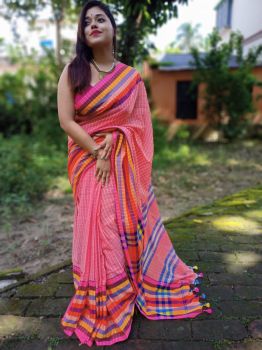 Tomato Red Check Multi Color Border Cotton Saree