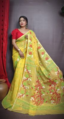 Yellow Pure Handloom Dhakai Jamdani Saree From Bengal