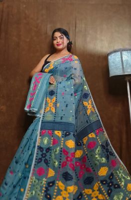 Light Blue Pure Handlloom Dhkai Jamdani Saree From Bengal