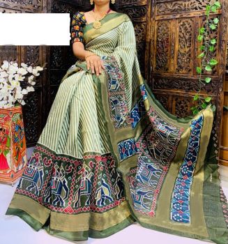 Greyish Green Designer Print Chanderi Semi Linen Saree From Banaras