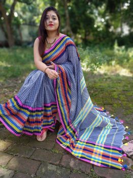 Grey Check Multi Color Border Cotton Saree