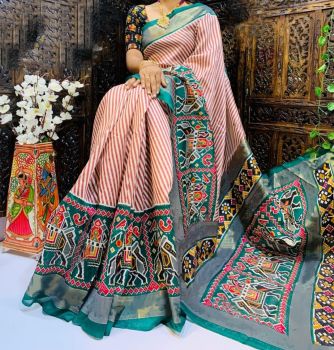 Old Rose Designer Print Chanderi Semi Linen Saree From Banaras