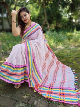 Light Brown Check Multi Color Border Cotton Saree