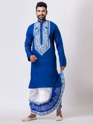 Blue Handcrafted Kantha Embroidered Dhoti Punjabi Set