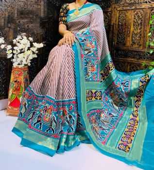 Light Pink Grey Designer Print Chanderi Semi Linen Saree From Banaras