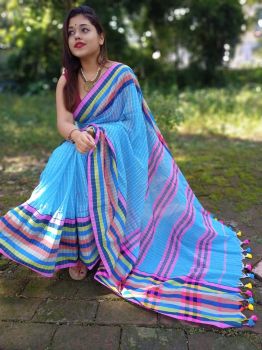 Sky Blue Check Multi Color Border Cotton Saree