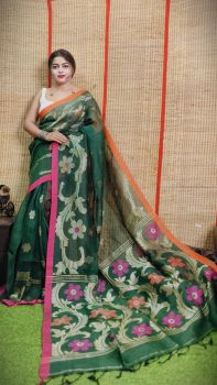 Flower Design Pure Handloom Organic Linen By Linen Saree From Bengal