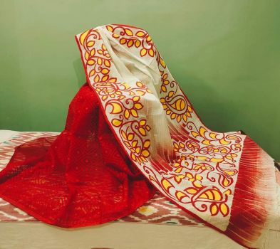 Red and grey Pure Handloom Resham Kota Jamdani Flower Design Saree