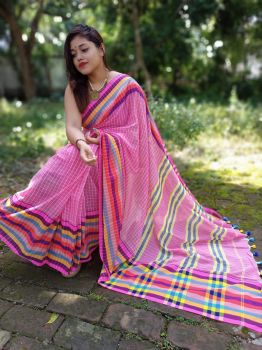 Pink Check Multi Color Border Cotton Saree