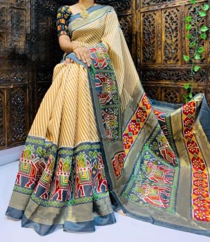 Light Brown Designer Print Chanderi Semi Linen Saree From Banaras