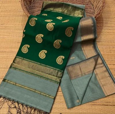 Green Gray Pure Handloom Meheshwari Silk Cotton Saree From Bengal