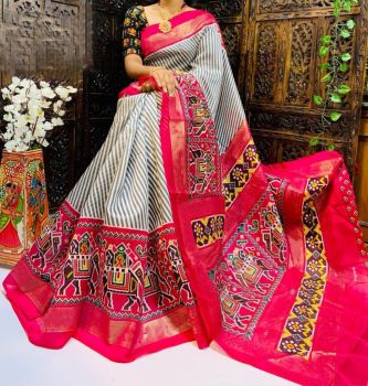 Black & White Designer Print Chanderi Semi Linen Saree From Banaras